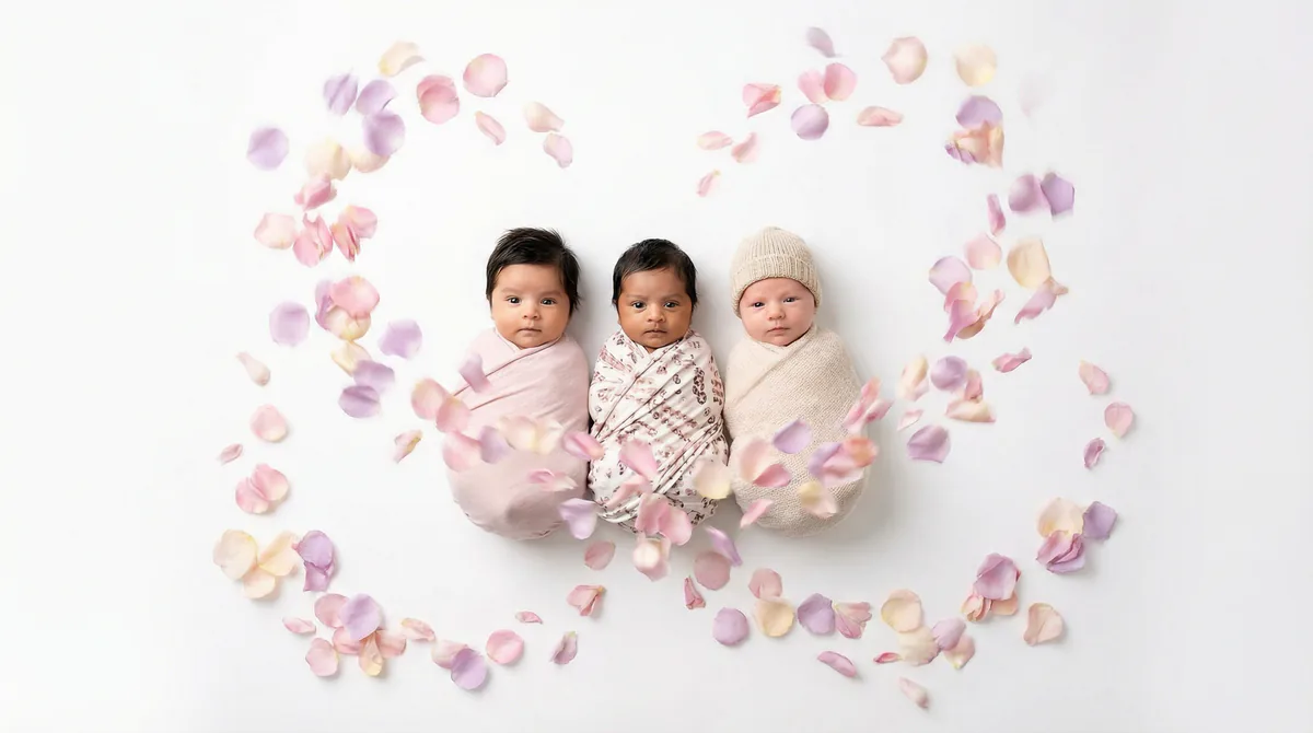 Diverse multicultural newborns in editorial fashion photoshoot with three newborns