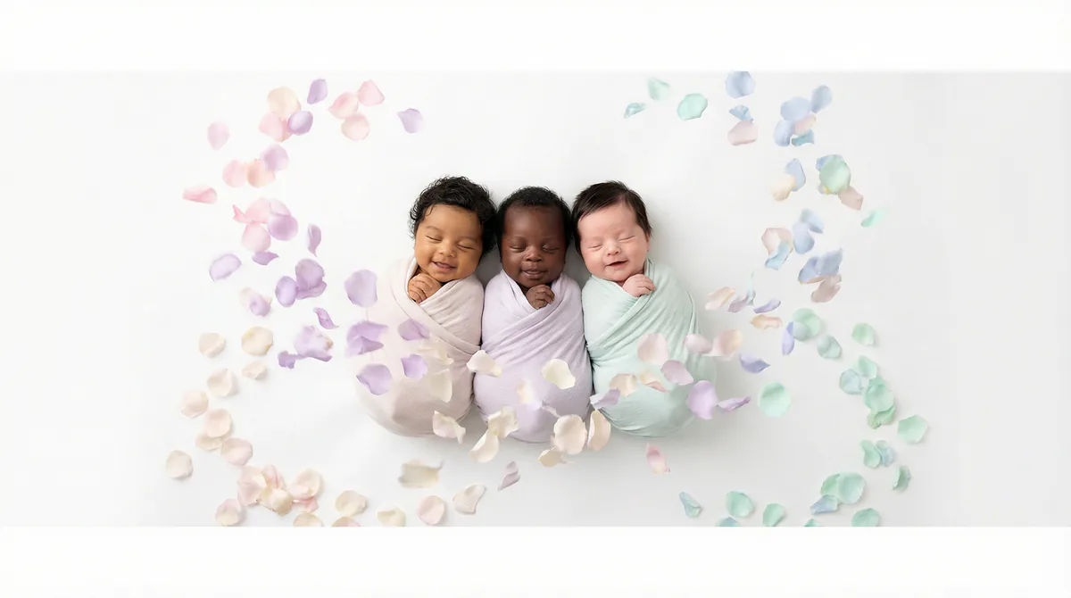 Diverse multicultural newborns in editorial fashion photoshoot with three newborns
