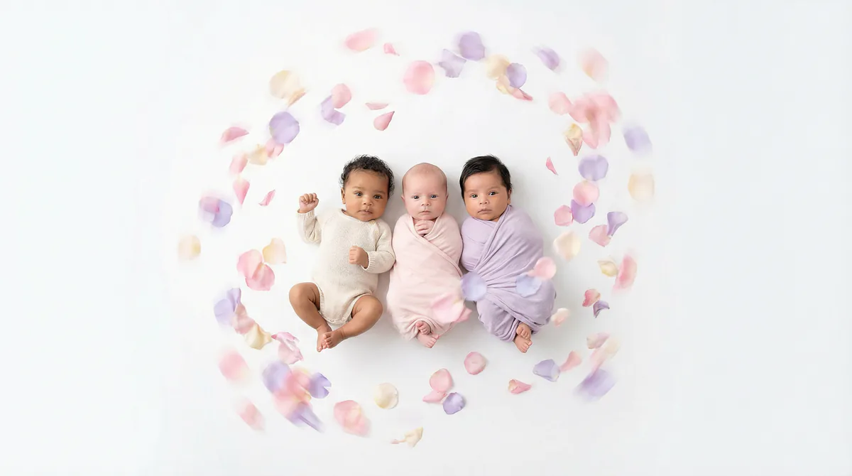Diverse multicultural newborns in editorial fashion photoshoot with three newborns
