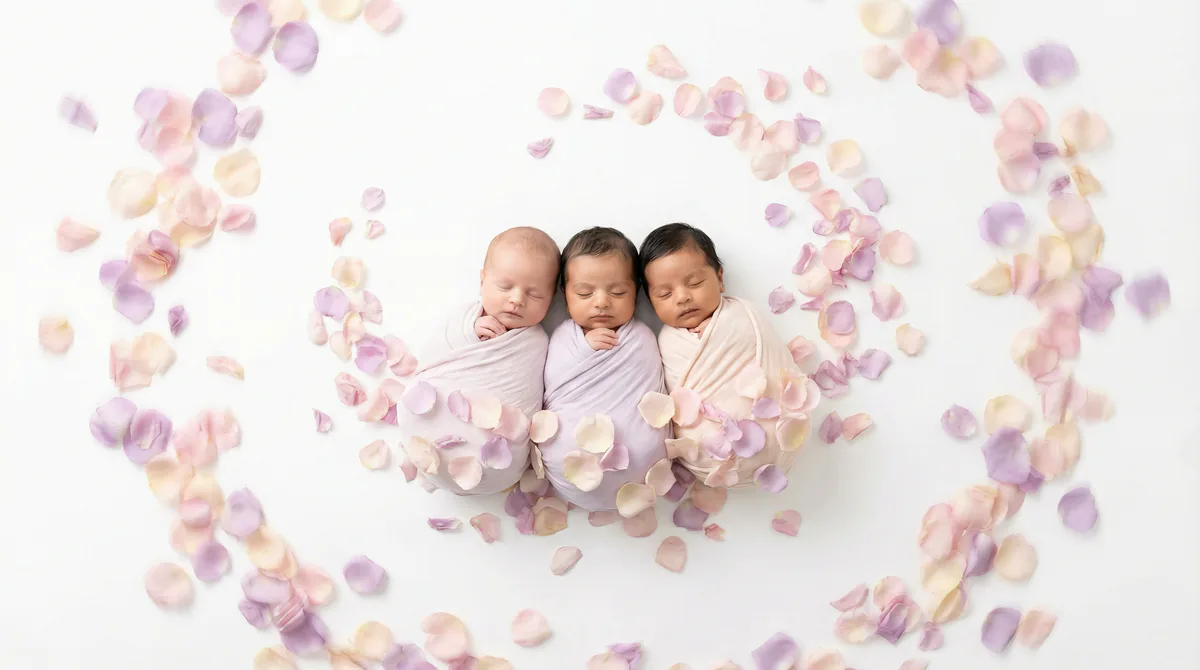 Diverse multicultural newborns in editorial fashion photoshoot with three newborns