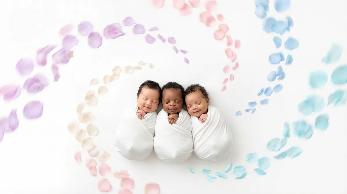 Diverse multicultural newborns in editorial fashion photoshoot with three newborns