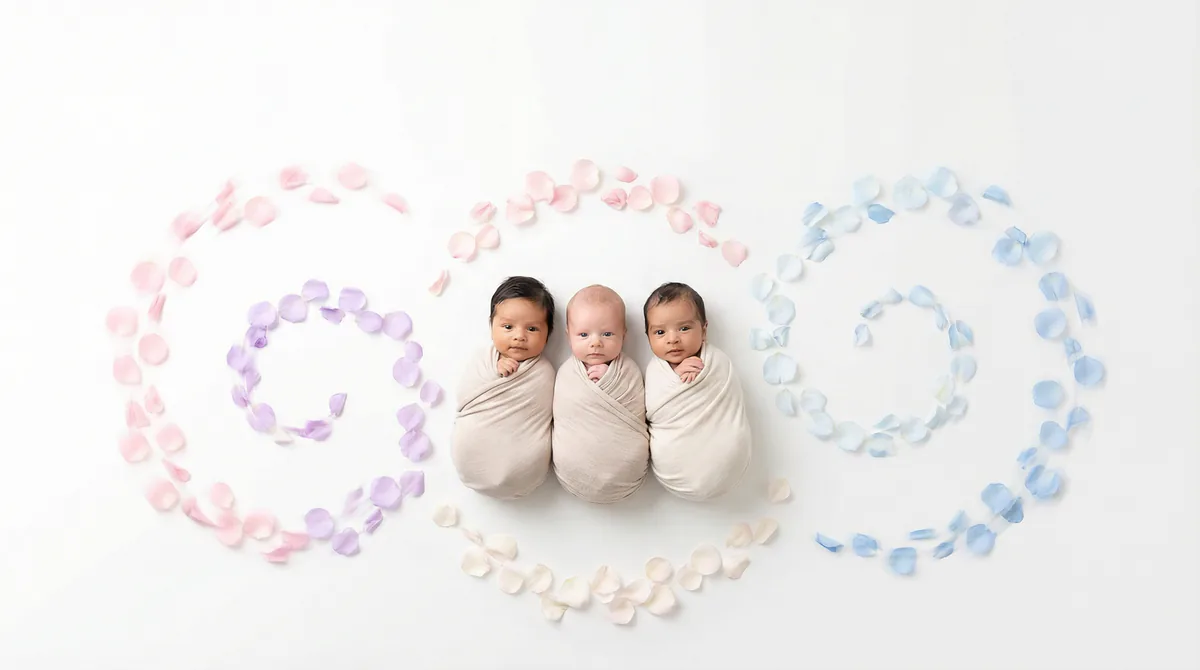 Diverse multicultural newborns in editorial fashion photoshoot with three newborns