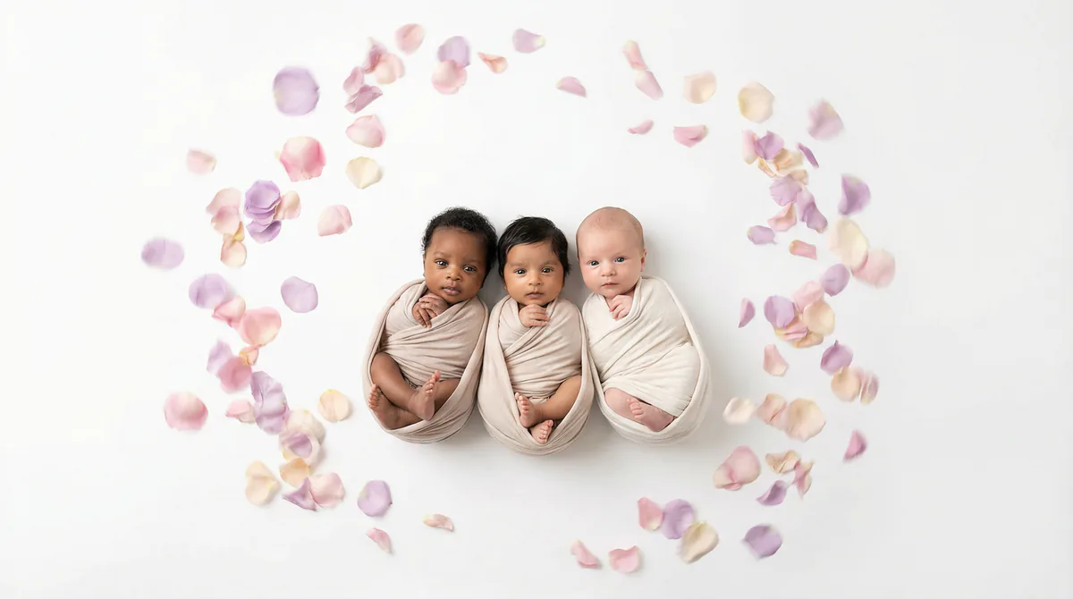 Diverse multicultural newborns in editorial fashion photoshoot with three newborns