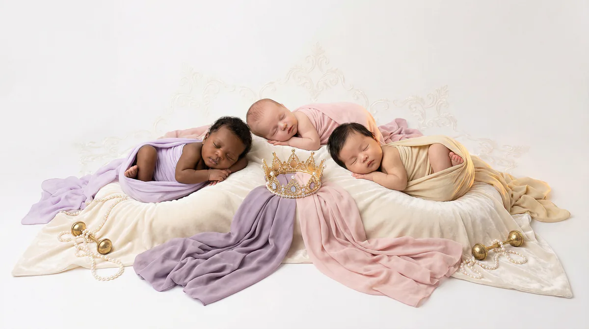 Diverse multicultural newborns in editorial fashion photoshoot with three newborns