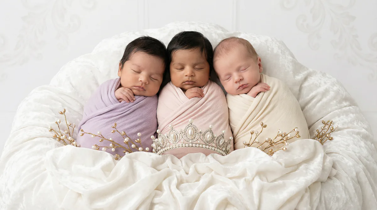 Diverse multicultural newborns in editorial fashion photoshoot with three newborns