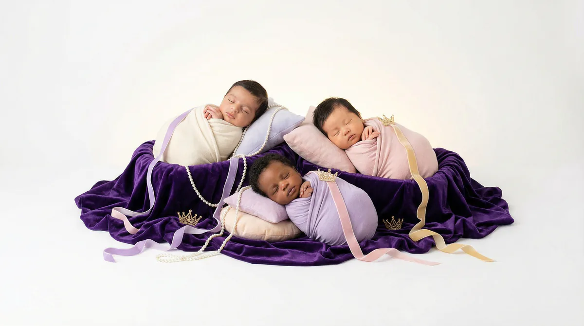Diverse multicultural newborns in editorial fashion photoshoot with three newborns