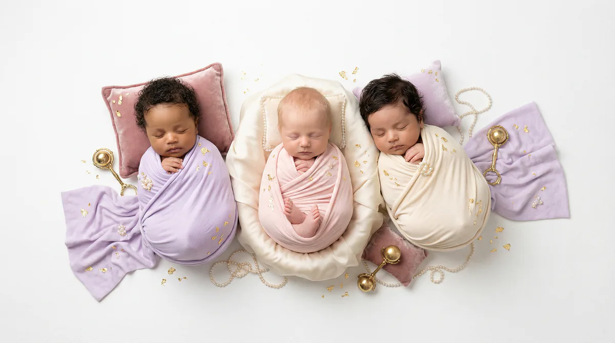 Diverse multicultural newborns in editorial fashion photoshoot with three newborns