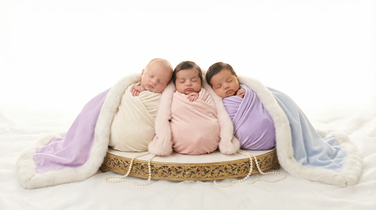 Diverse multicultural newborns in editorial fashion photoshoot with three newborns