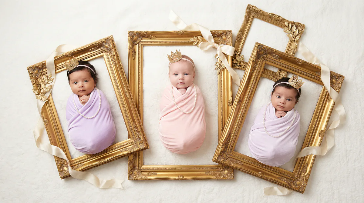 Diverse multicultural newborns in editorial fashion photoshoot with three newborns
