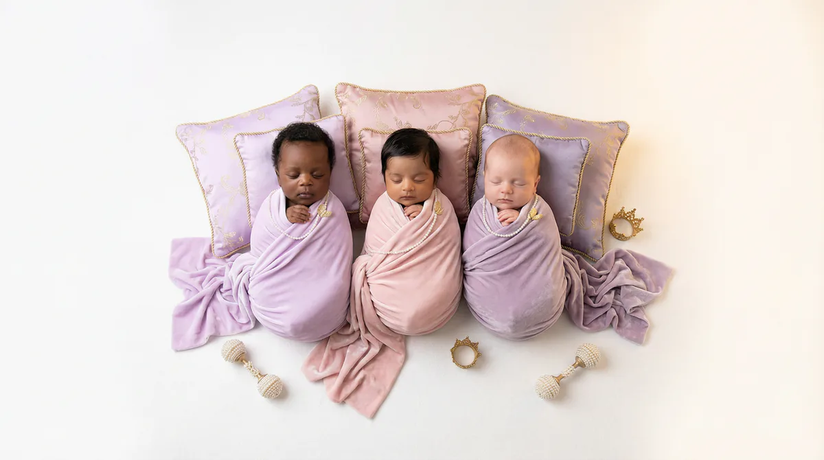 Diverse multicultural newborns in editorial fashion photoshoot with three newborns