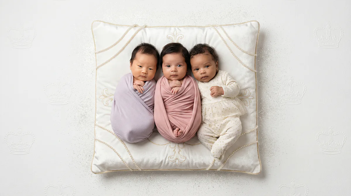 Diverse multicultural newborns in editorial fashion photoshoot with three newborns