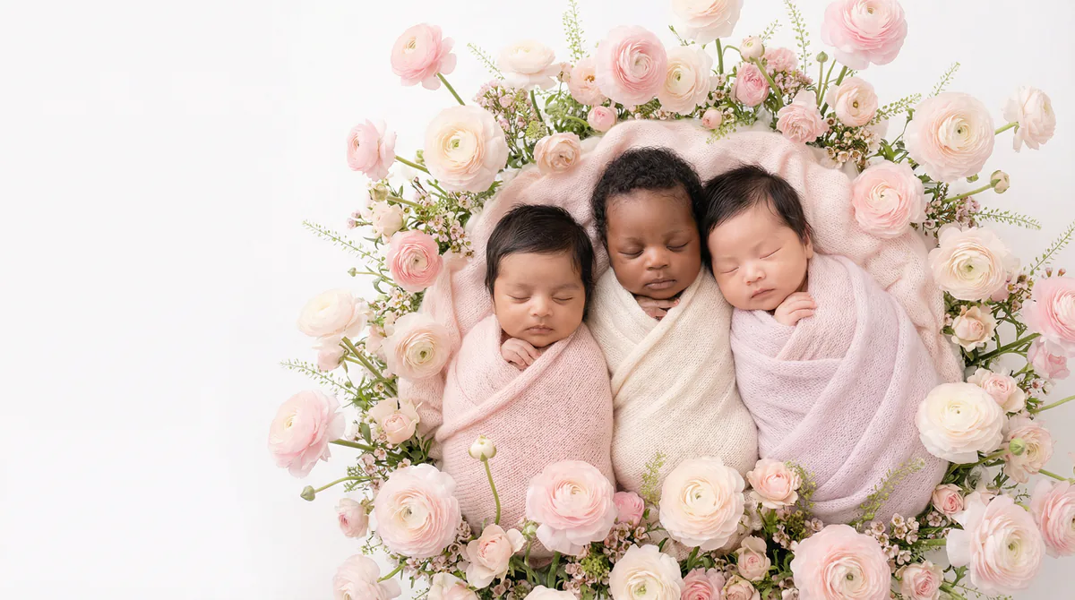 Diverse multicultural newborns in editorial fashion photoshoot with three newborns
