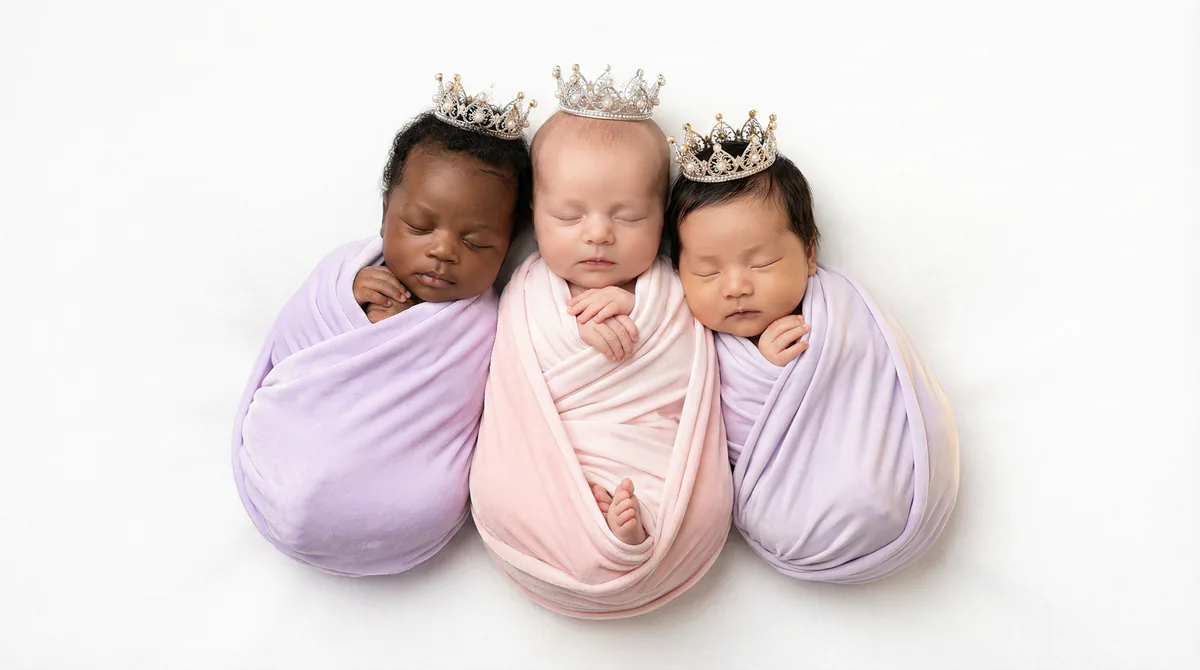 Diverse multicultural newborns in editorial fashion photoshoot with three newborns