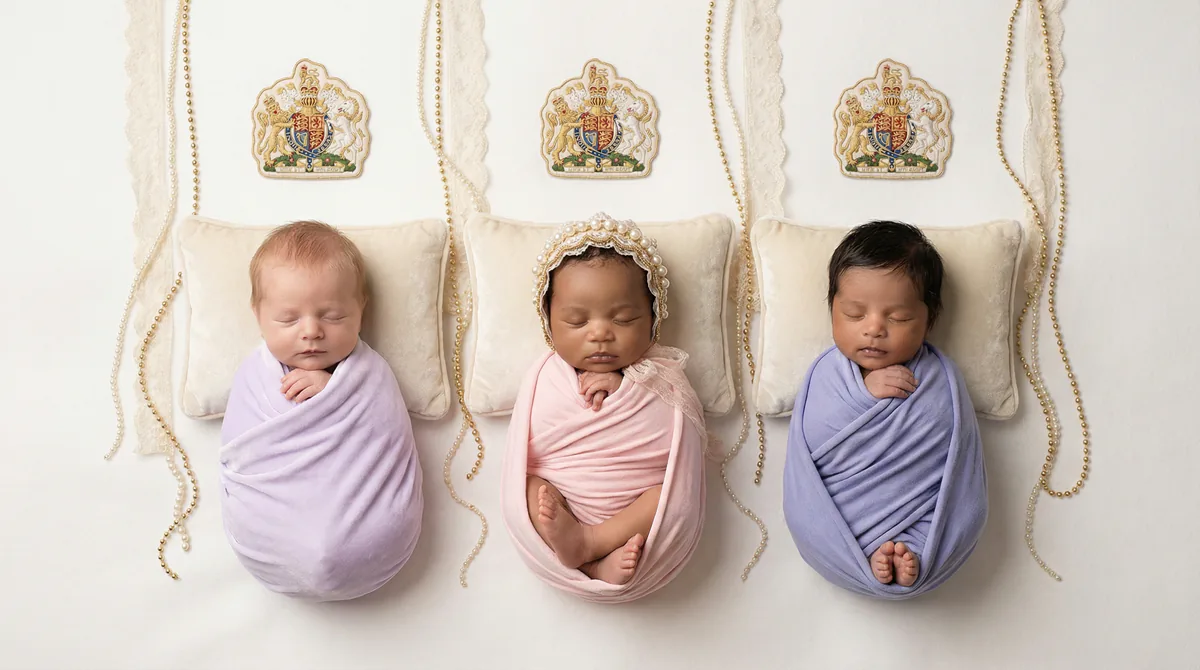 Diverse multicultural newborns in editorial fashion photoshoot with three newborns