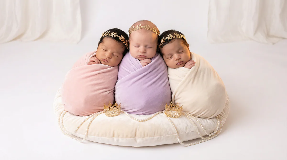 Diverse multicultural newborns in editorial fashion photoshoot with three newborns