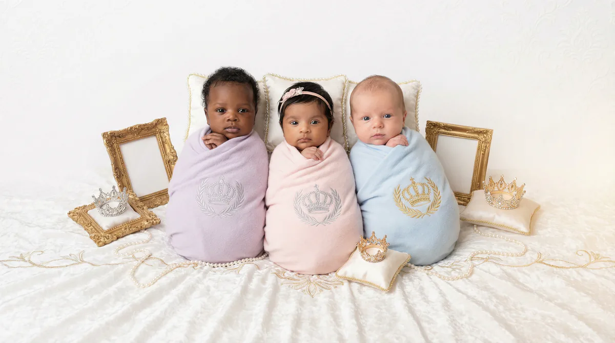 Diverse multicultural newborns in editorial fashion photoshoot with three newborns