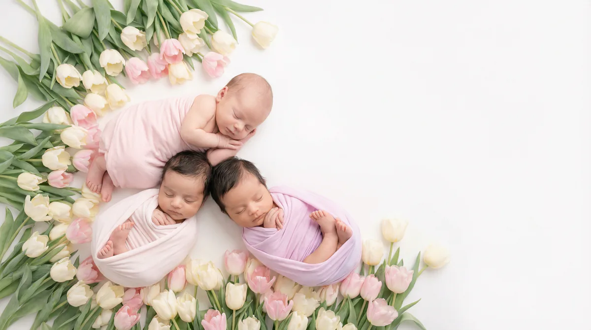 Diverse multicultural newborns in editorial fashion photoshoot with three newborns