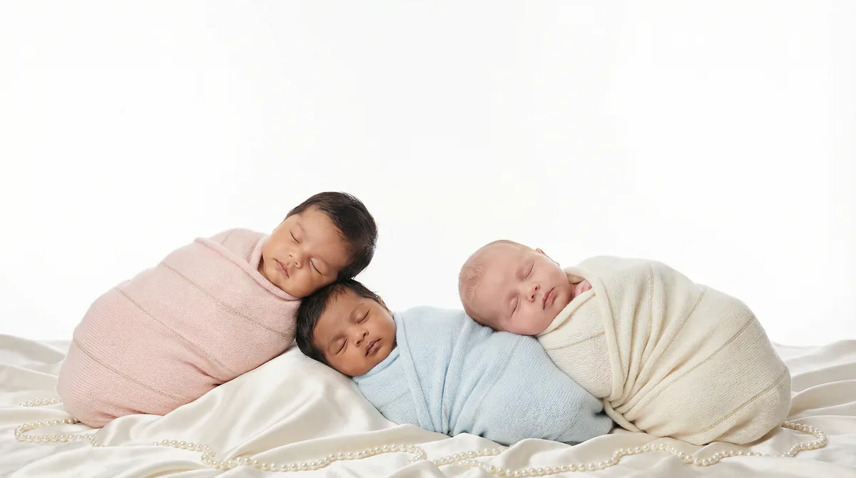 Diverse multicultural newborns in editorial fashion photoshoot with three newborns