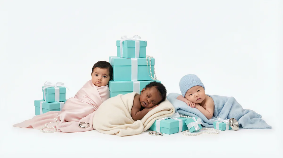Diverse multicultural newborns in editorial fashion photoshoot with three newborns
