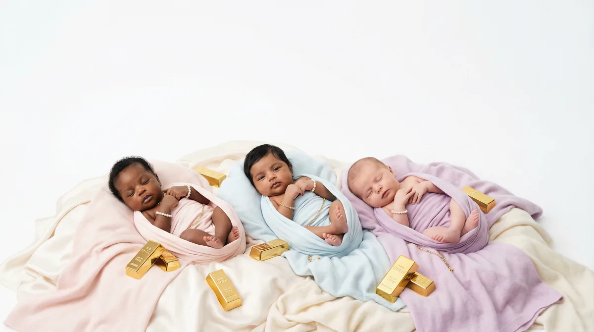 Diverse multicultural newborns in editorial fashion photoshoot with three newborns