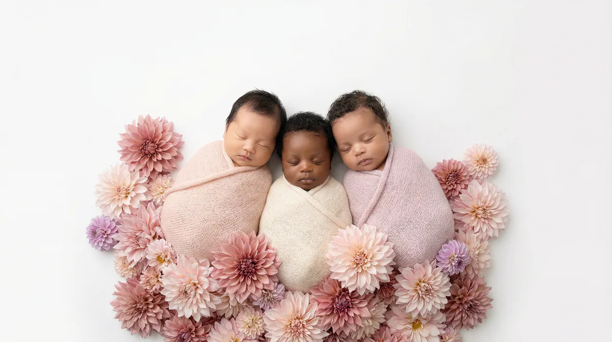 Diverse multicultural newborns in editorial fashion photoshoot with three newborns