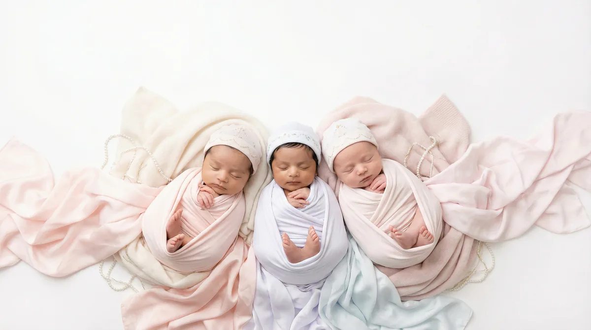 Diverse multicultural newborns in editorial fashion photoshoot with three newborns