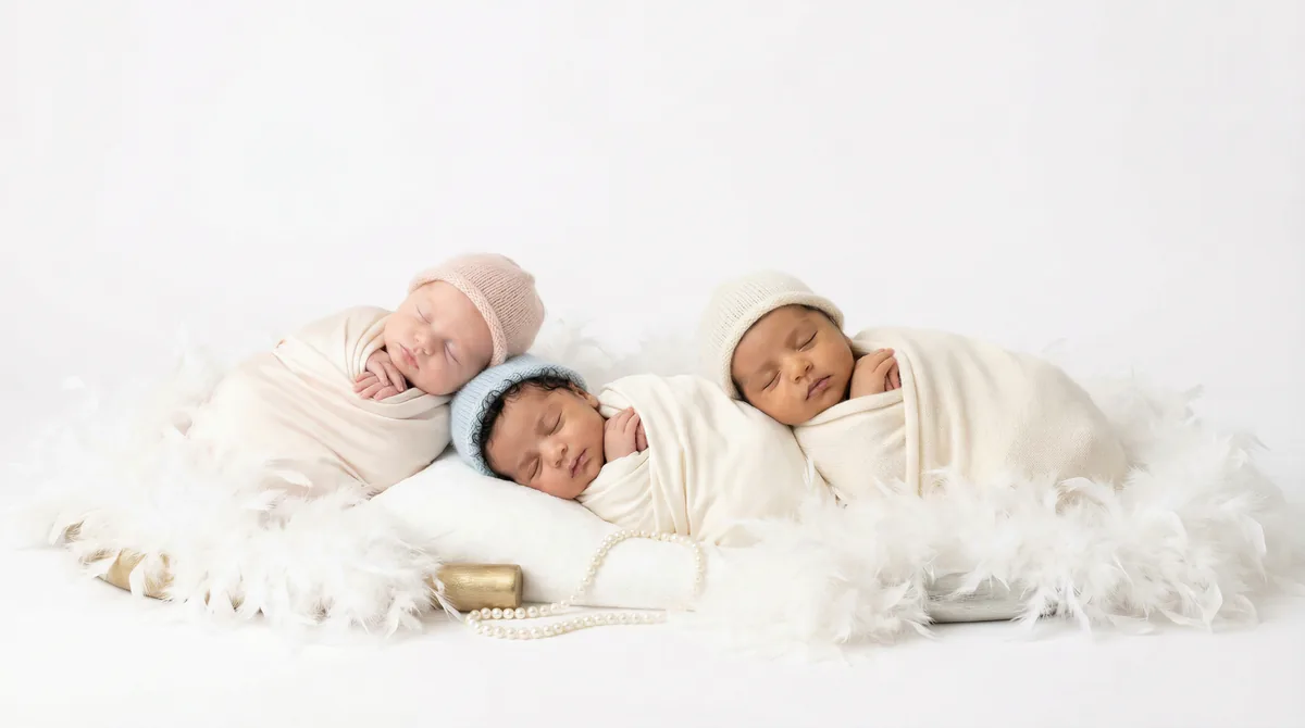 Diverse multicultural newborns in editorial fashion photoshoot with three newborns