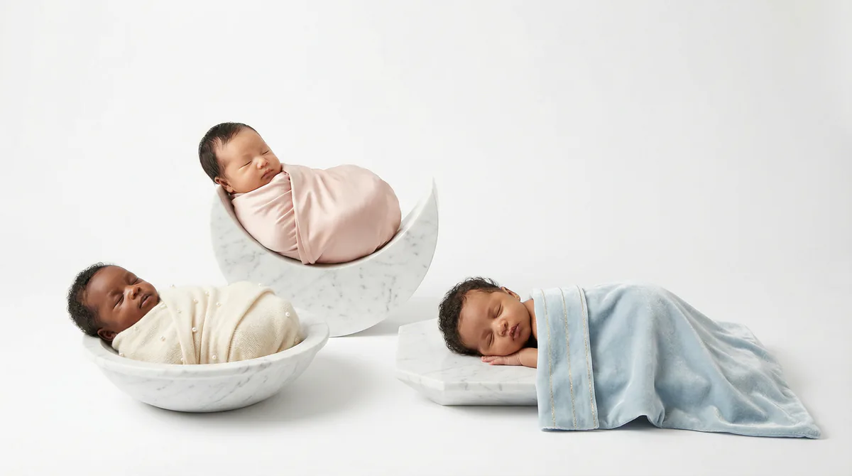 Diverse multicultural newborns in editorial fashion photoshoot with three newborns