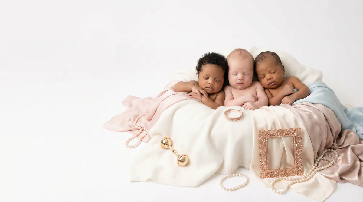 Diverse multicultural newborns in editorial fashion photoshoot with three newborns