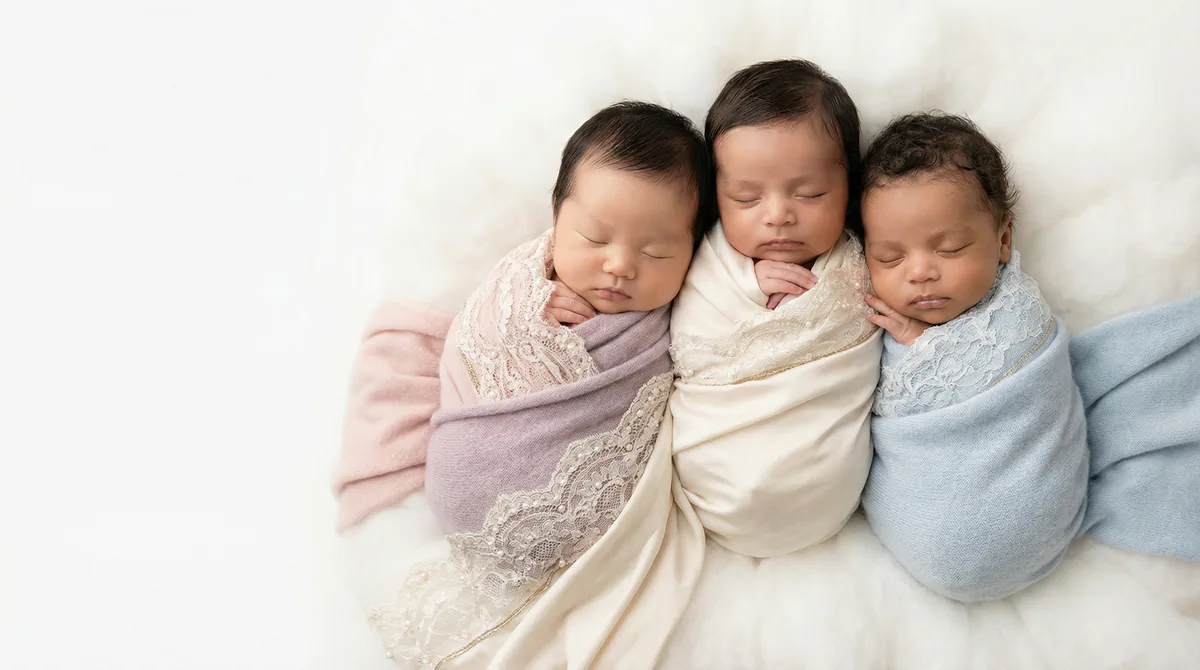 Diverse multicultural newborns in editorial fashion photoshoot with three newborns