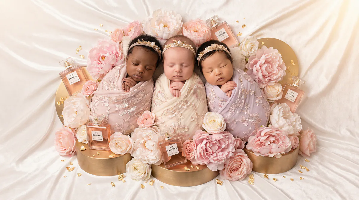 Diverse multicultural newborns in editorial fashion photoshoot with three newborns