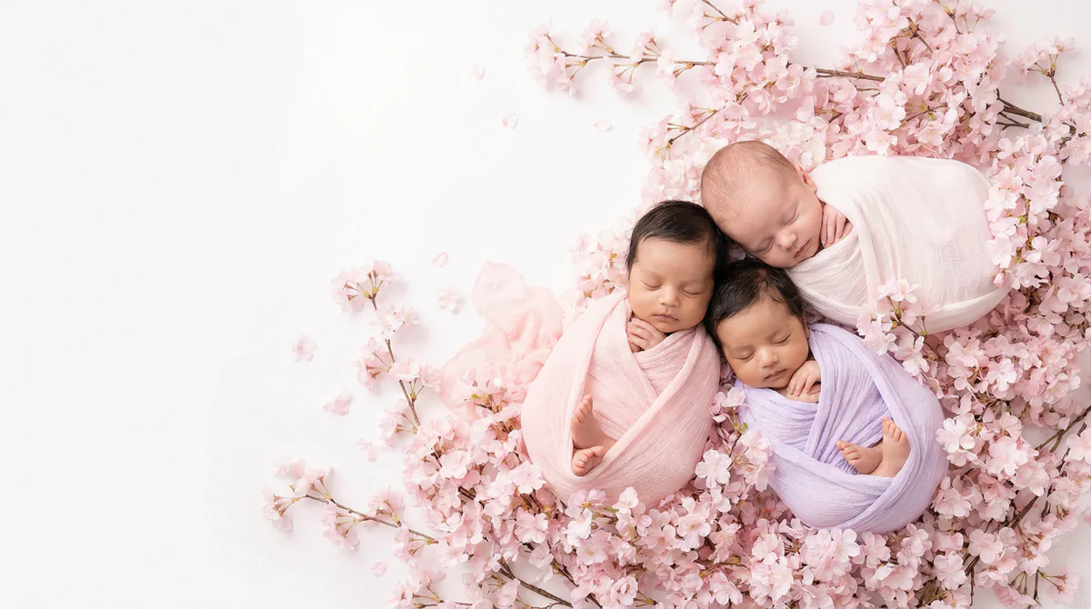 Diverse multicultural newborns in editorial fashion photoshoot with three newborns