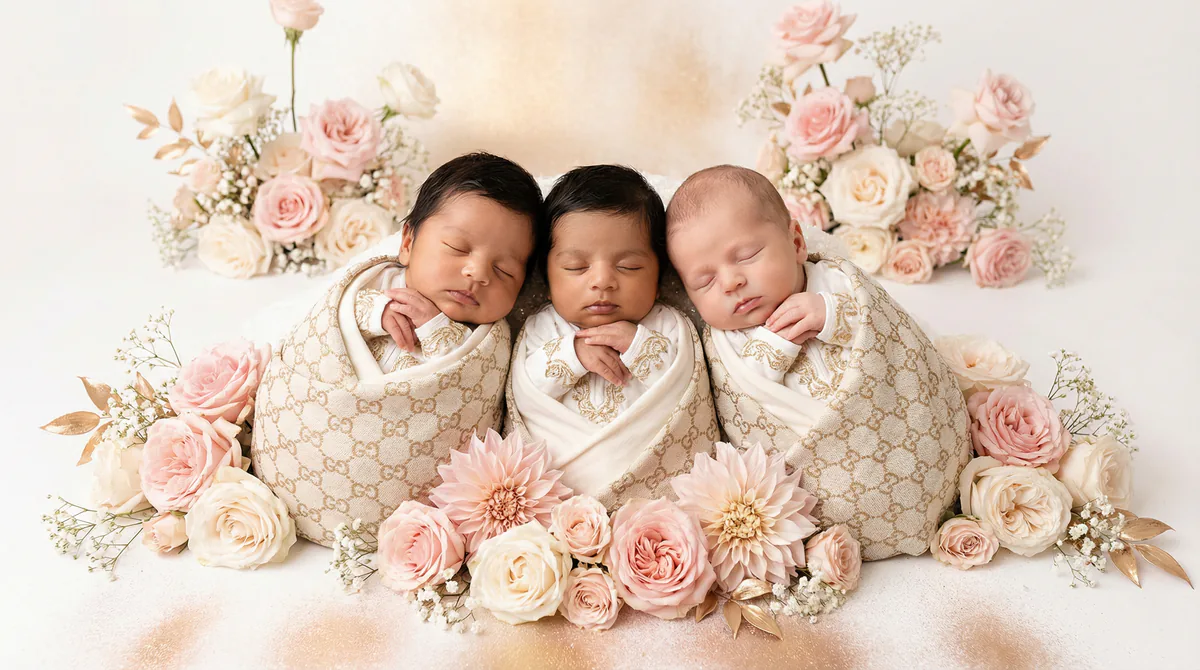 Diverse multicultural newborns in editorial fashion photoshoot with three newborns