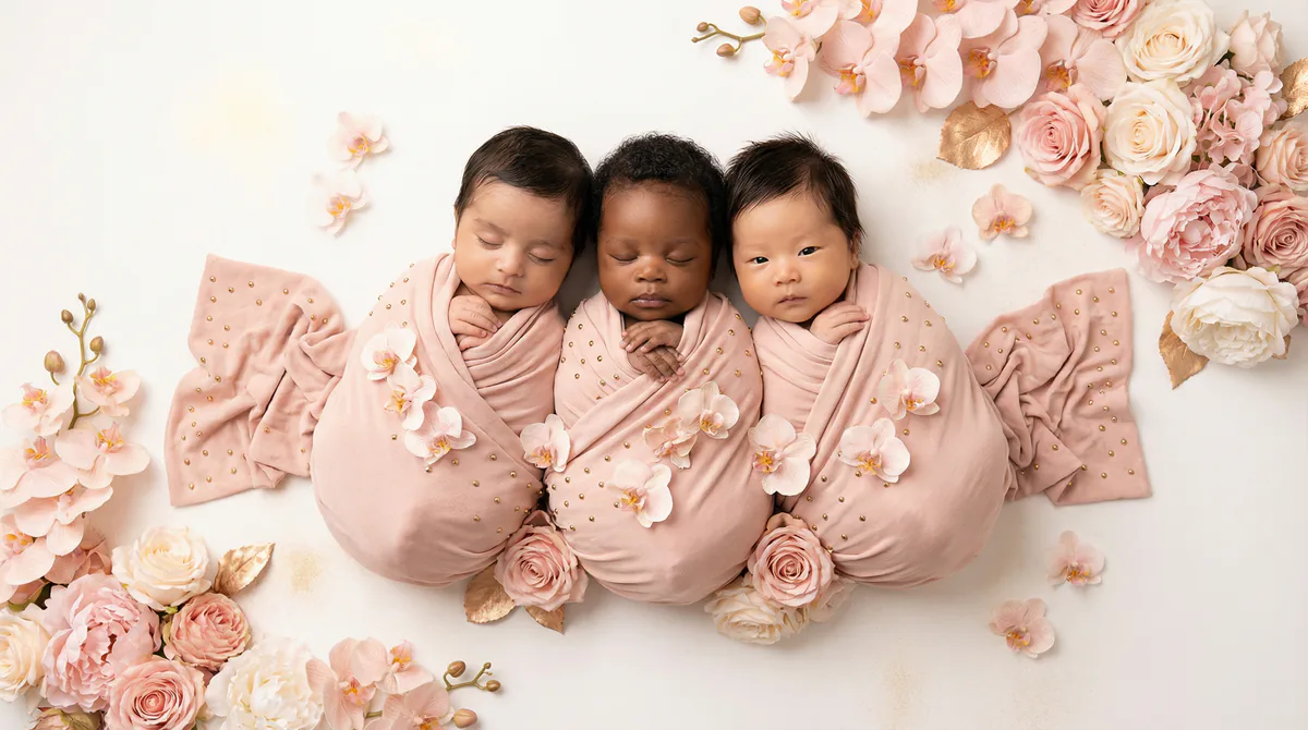 Diverse multicultural newborns in editorial fashion photoshoot with three newborns