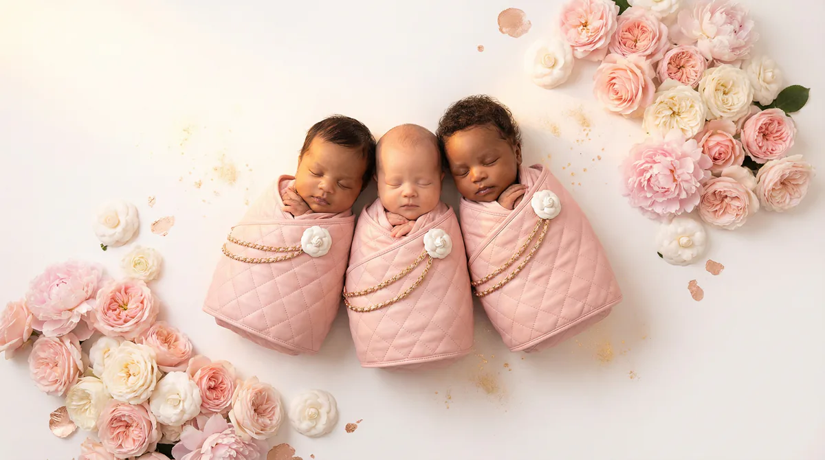 Diverse multicultural newborns in editorial fashion photoshoot with three newborns