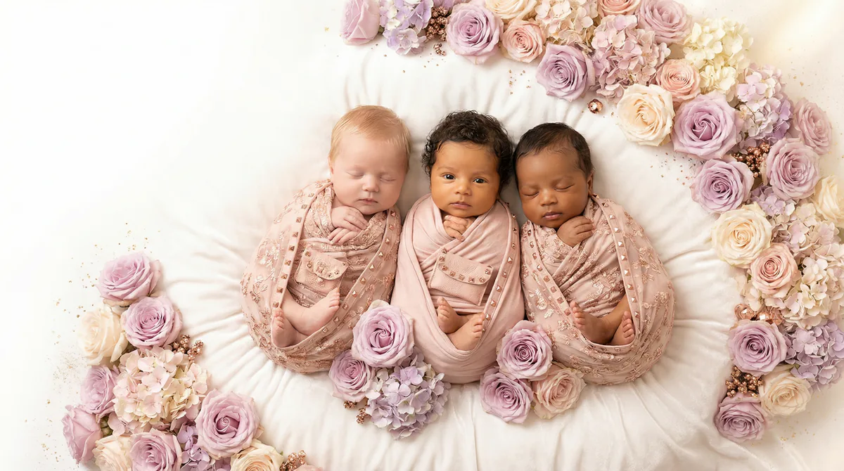 Diverse multicultural newborns in editorial fashion photoshoot with three newborns