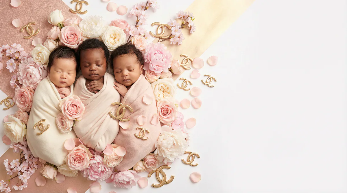 Diverse multicultural newborns in editorial fashion photoshoot with three newborns