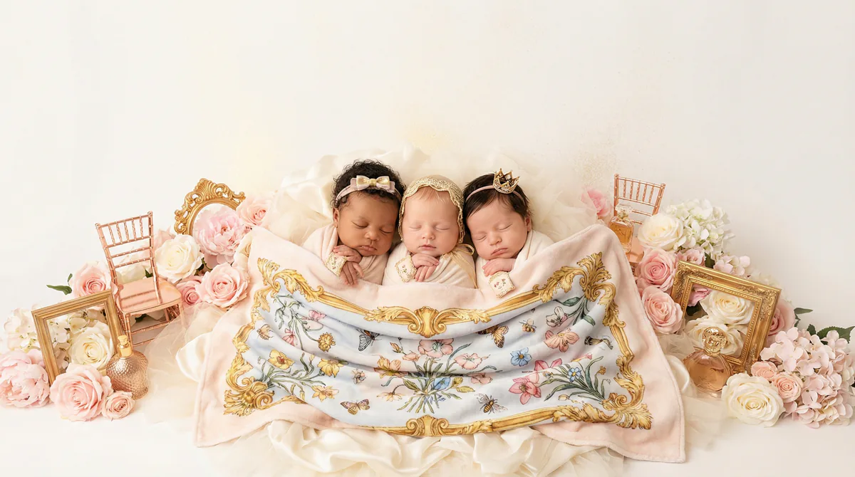 Diverse multicultural newborns in editorial fashion photoshoot with three newborns