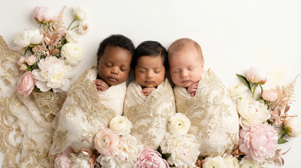 Diverse multicultural newborns in editorial fashion photoshoot with three newborns