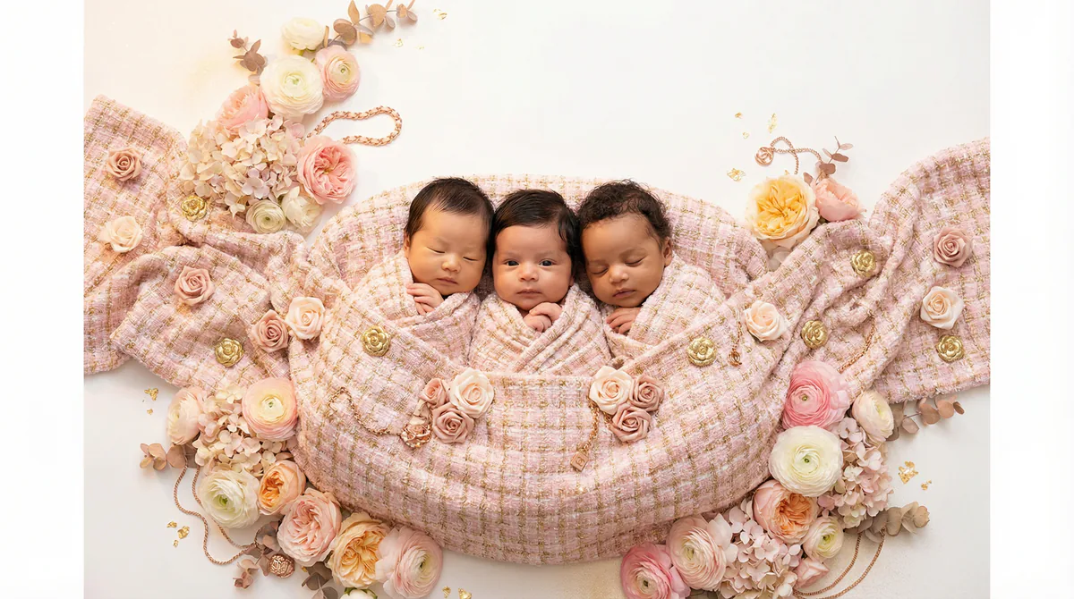 Diverse multicultural newborns in editorial fashion photoshoot with three newborns