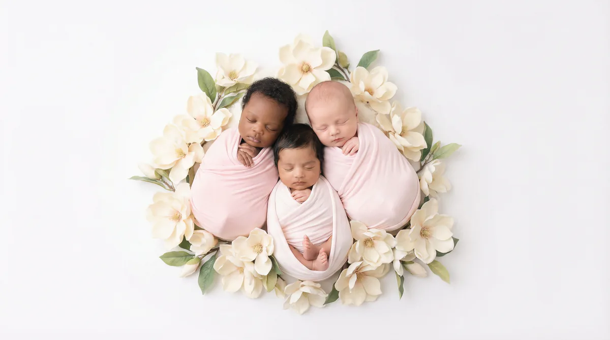 Diverse multicultural newborns in editorial fashion photoshoot with three newborns