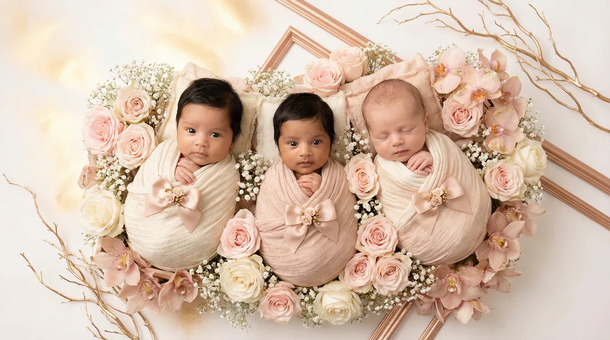 Diverse multicultural newborns in editorial fashion photoshoot with three newborns