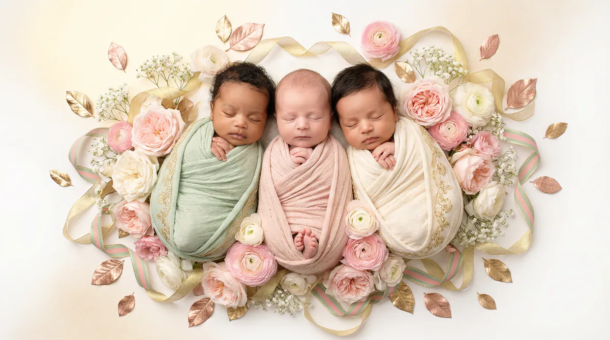 Diverse multicultural newborns in editorial fashion photoshoot with three newborns