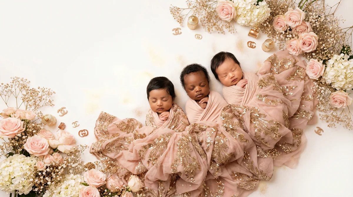 Diverse multicultural newborns in editorial fashion photoshoot with three newborns
