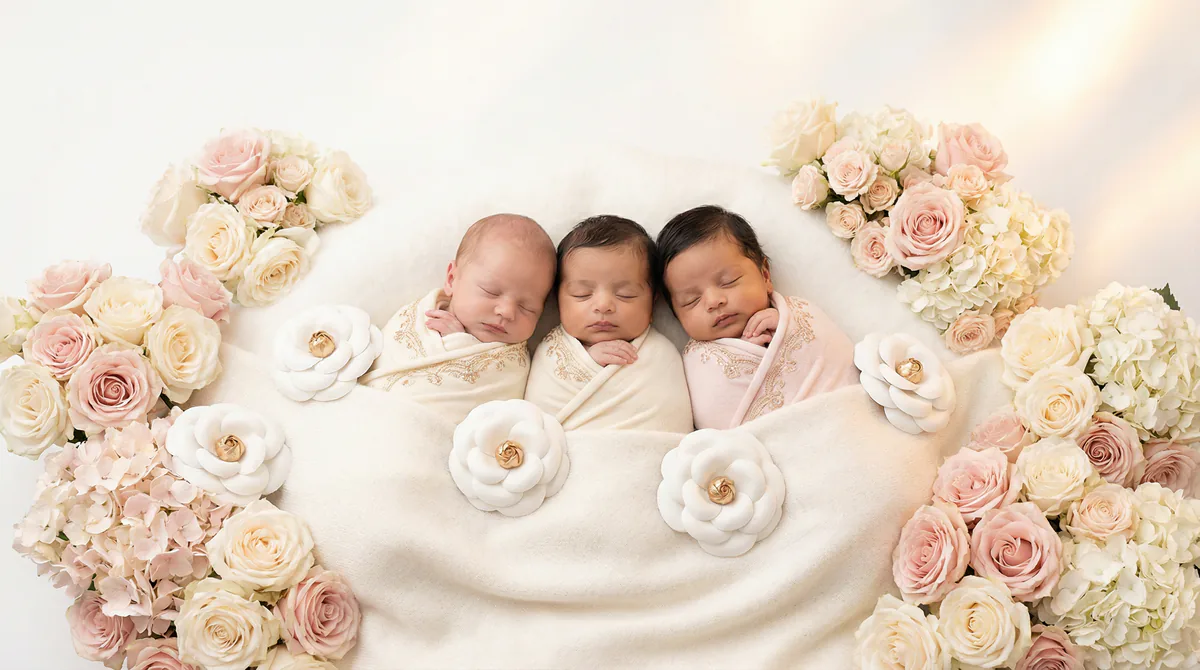 Diverse multicultural newborns in editorial fashion photoshoot with three newborns