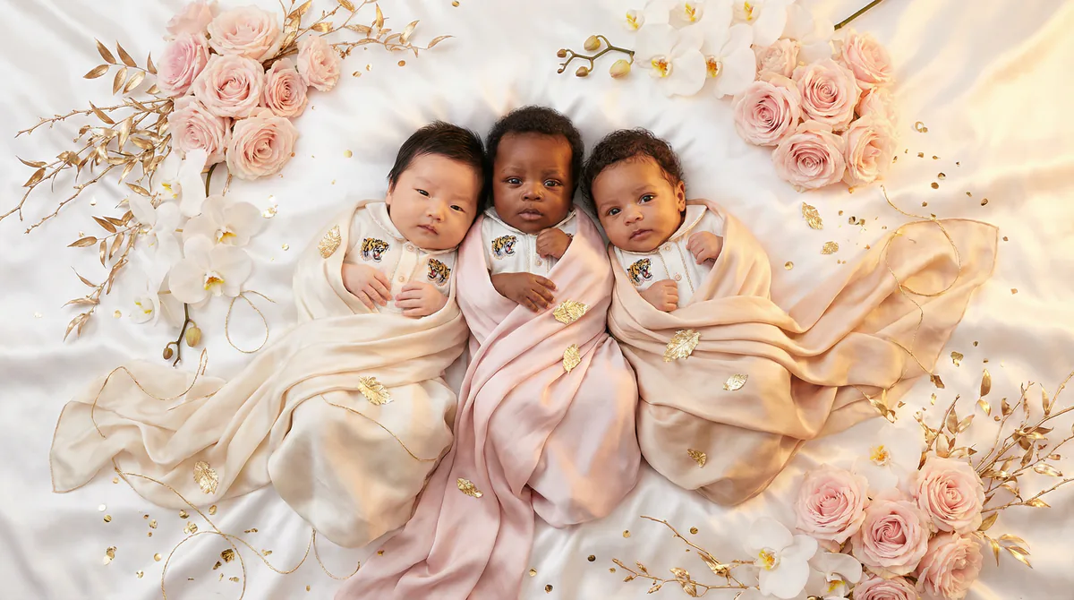 Diverse multicultural newborns in editorial fashion photoshoot with three newborns