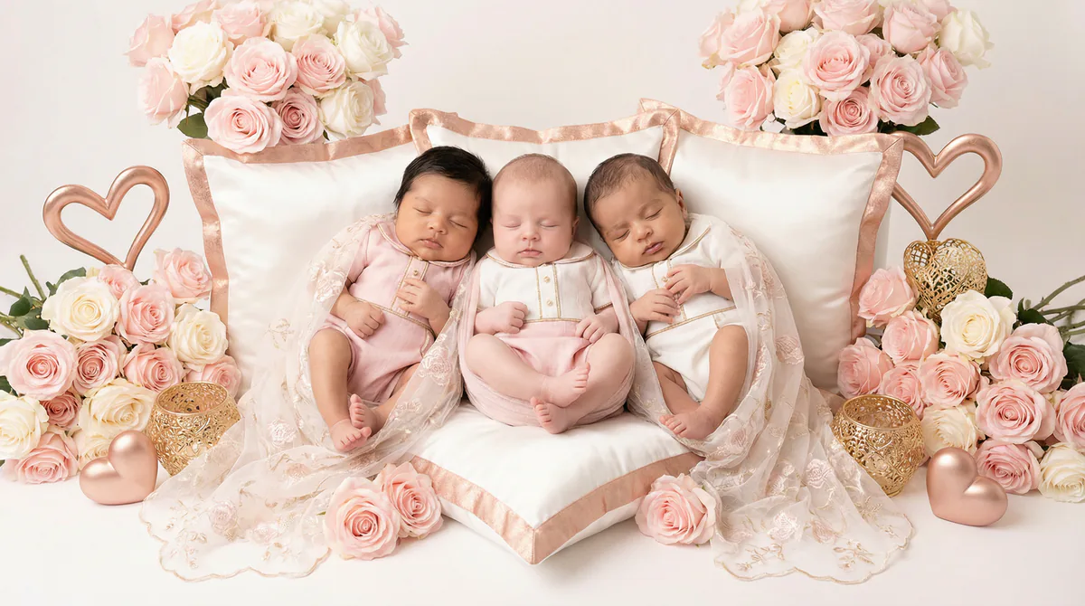 Diverse multicultural newborns in editorial fashion photoshoot with three newborns