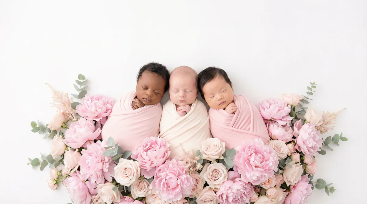 Diverse multicultural newborns in editorial fashion photoshoot with three newborns