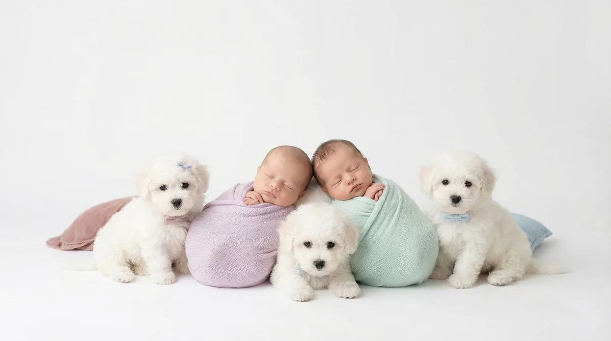 Newborn baby with puppies in fashion photoshoot featuring two newborns three bichon frise puppys