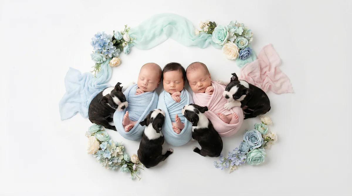 Newborn baby with puppies in fashion photoshoot featuring two newborns three boston terrier puppys